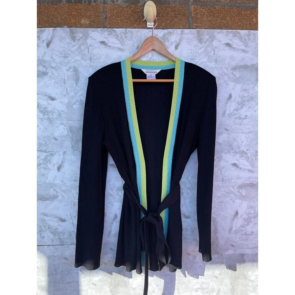 Misook Ribbed Knit Belted Cardigan Lime Aqua Trim Mod Avant Basic Chic M